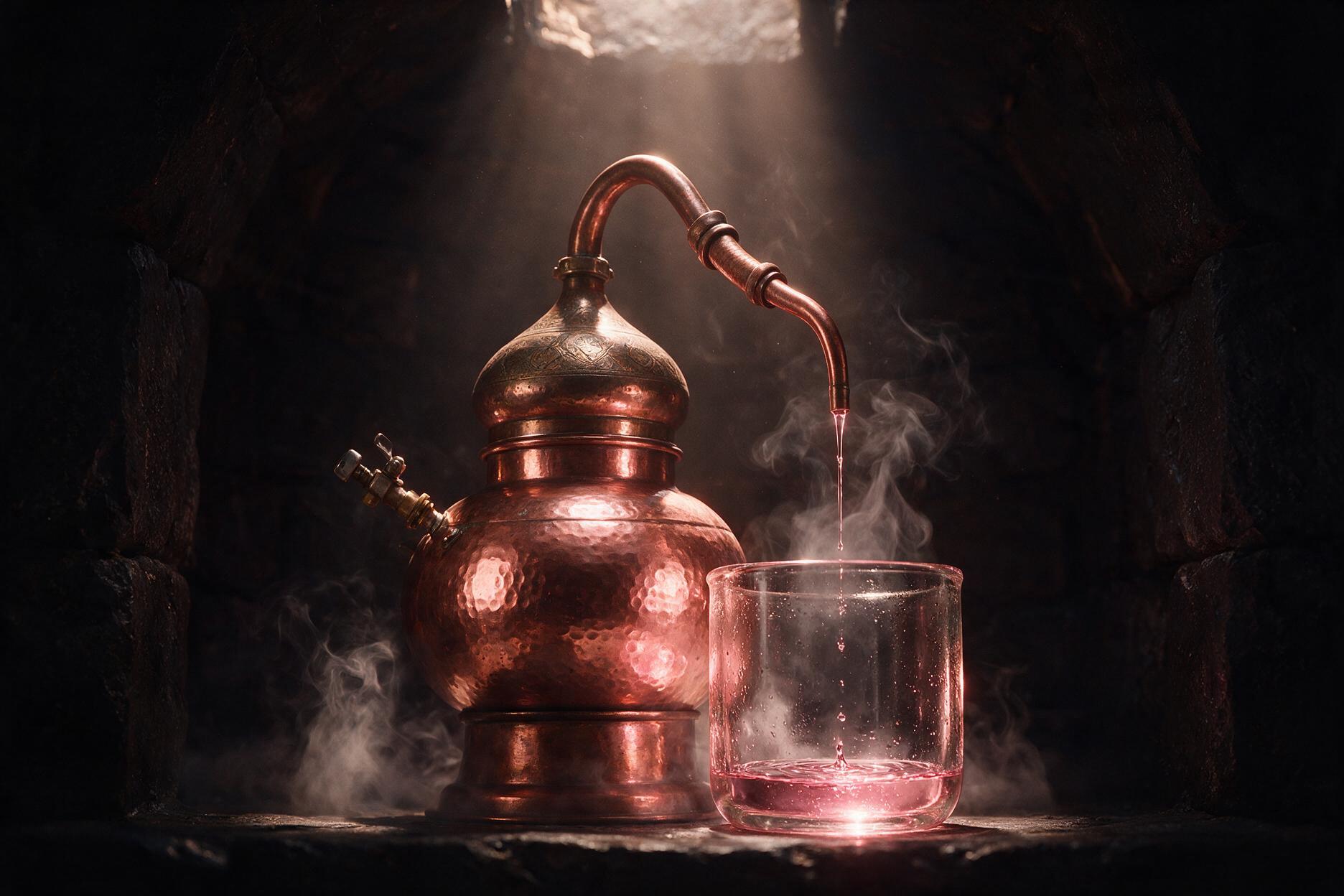 Alambic de cuivre en pleine distillation