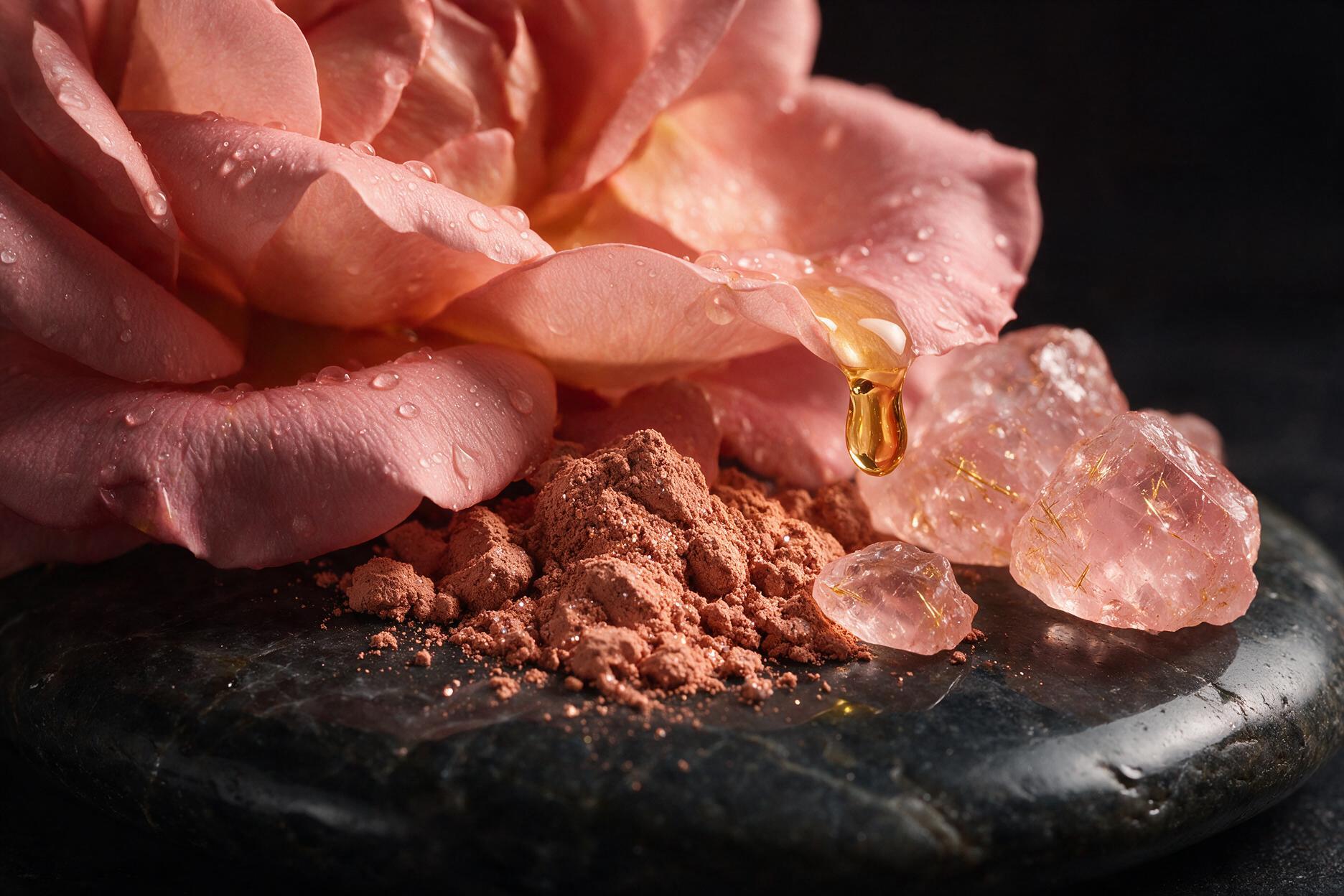 Pétales de rose, argile rose et quartz sur pierre polie
